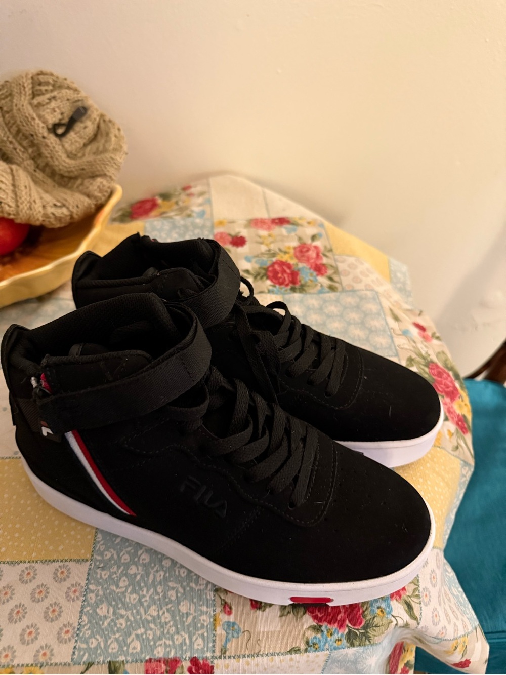 Fila Black High-Top Sneakers with White Sole and Red/Navy Stripe